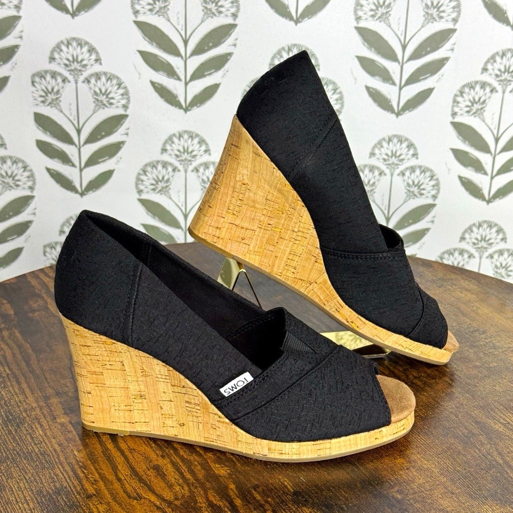 TOMS Black Cork Wedge Sandals Peep Toe Slip On Casual Women's 7